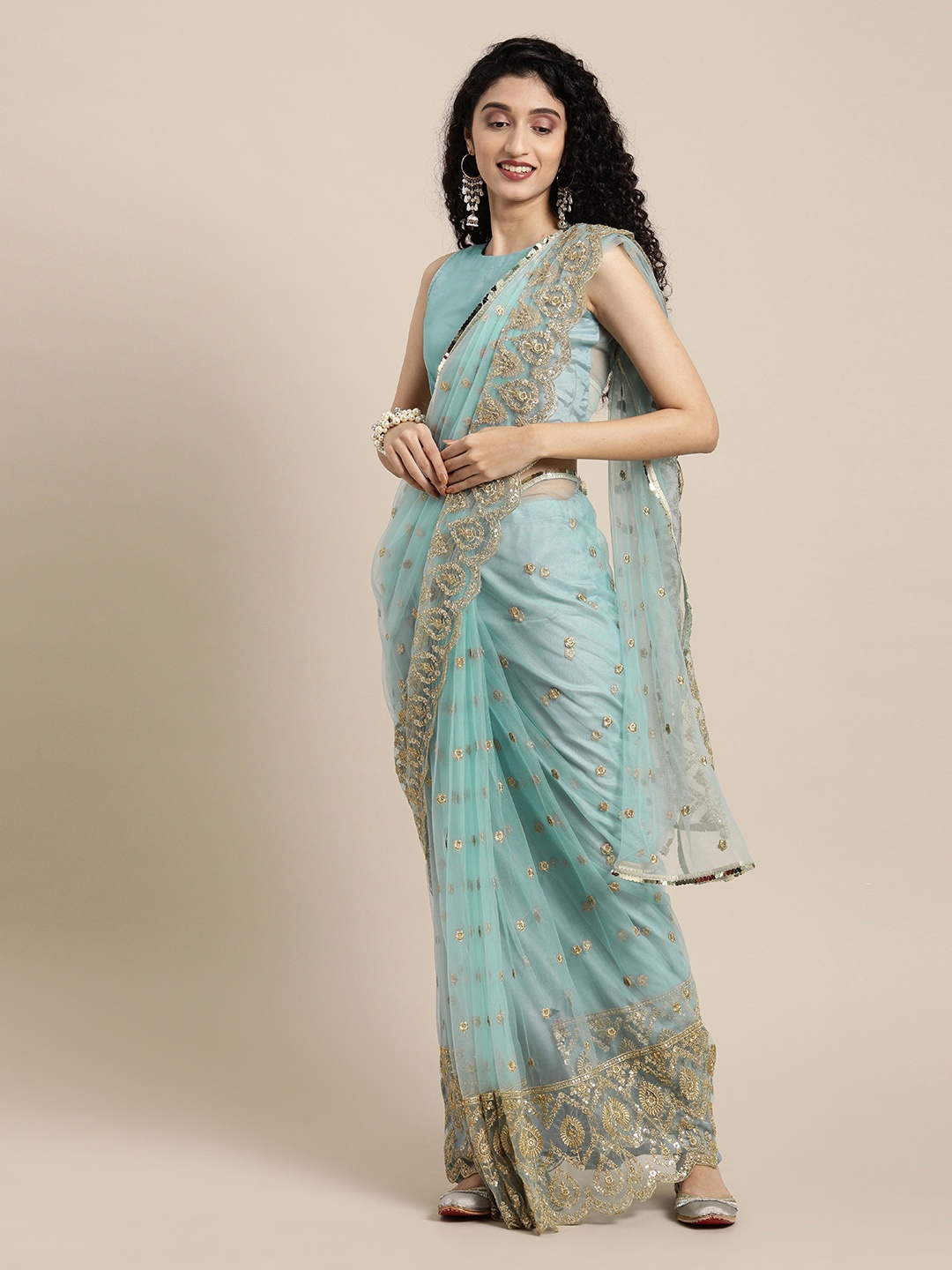 

Inddus Blue & Gold-Toned Embroidered Net Saree