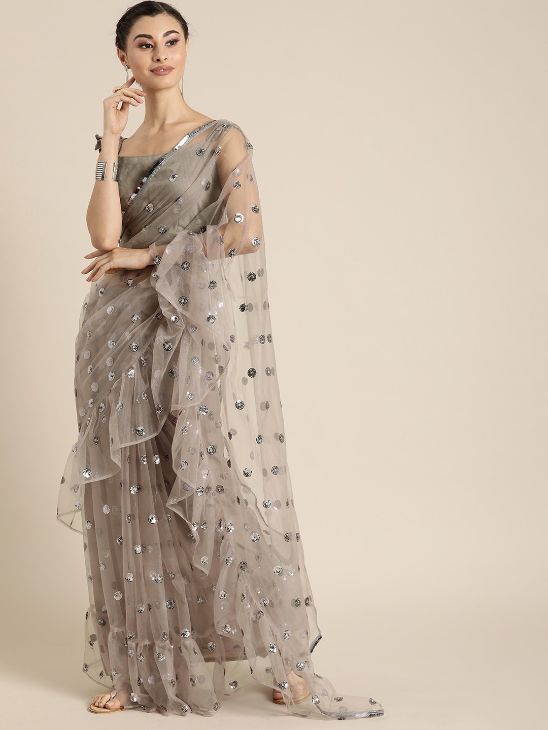 

Inddus Grey Embellished Net Ruffle Saree