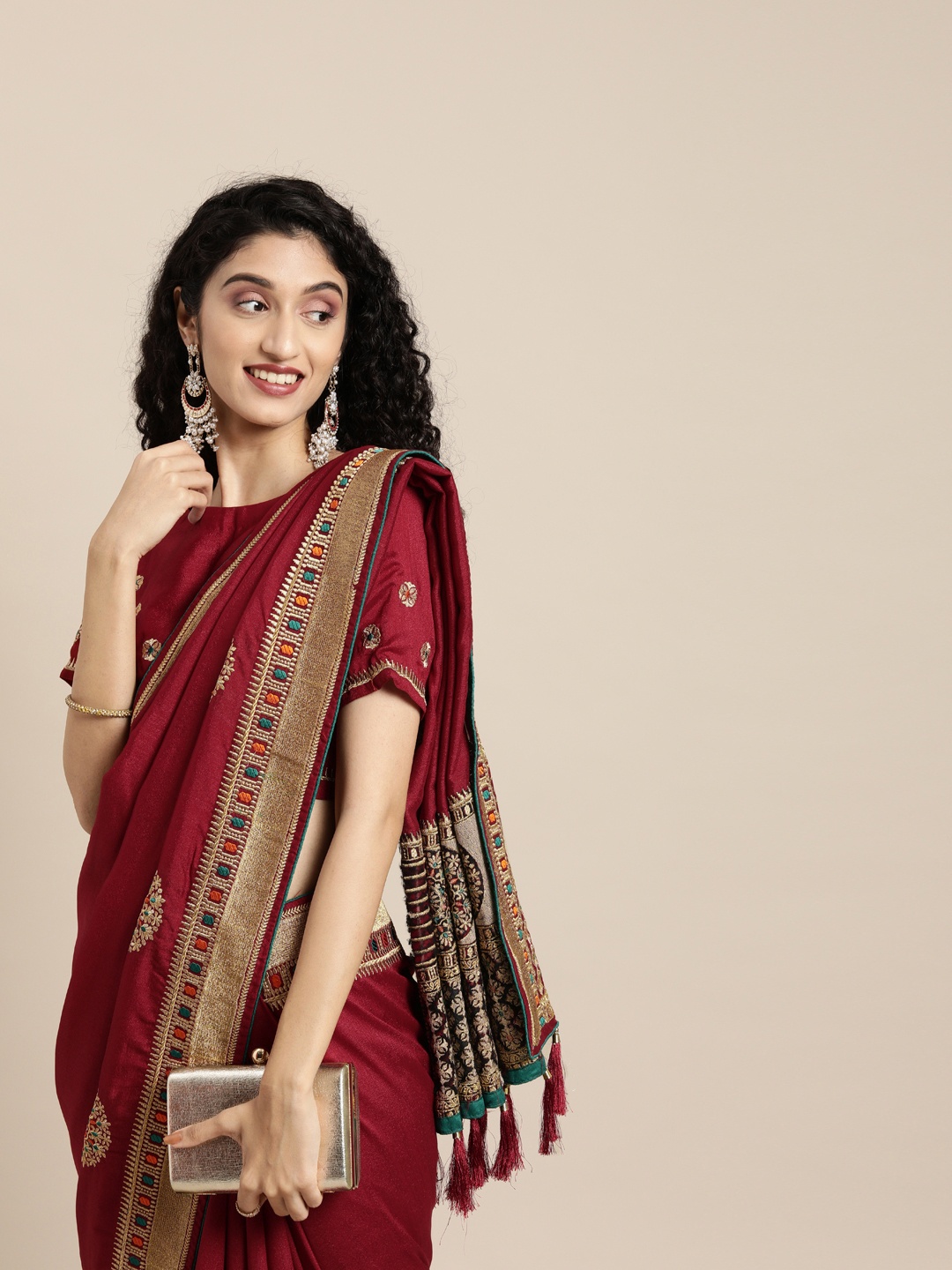 

Inddus Maroon & Beige Silk Blend Embroidered Saree