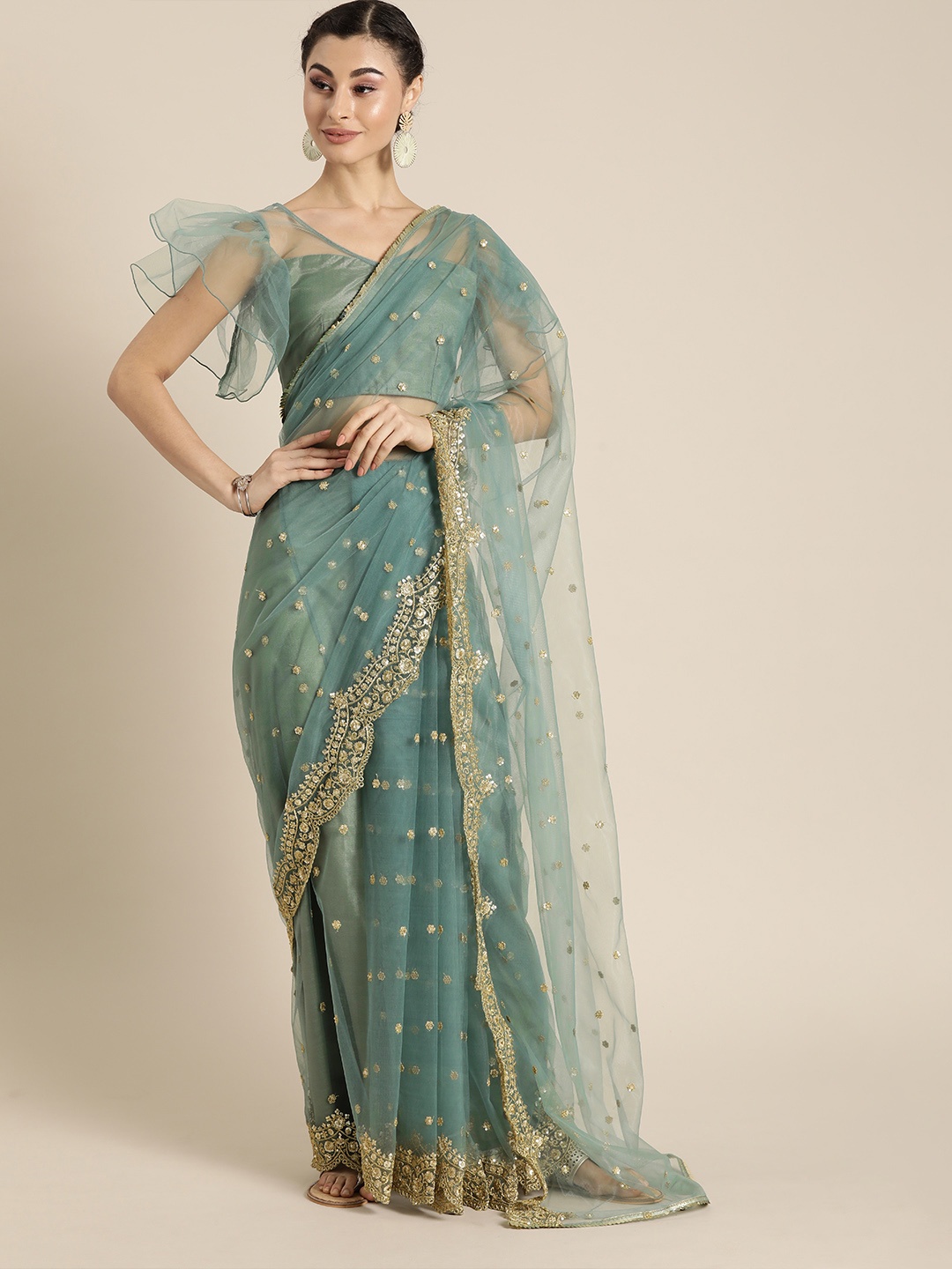 

Inddus Green & Gold-Toned Net Embroidered Saree