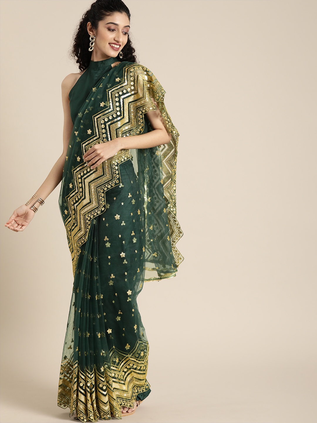 

Inddus Green Embellished Net Saree
