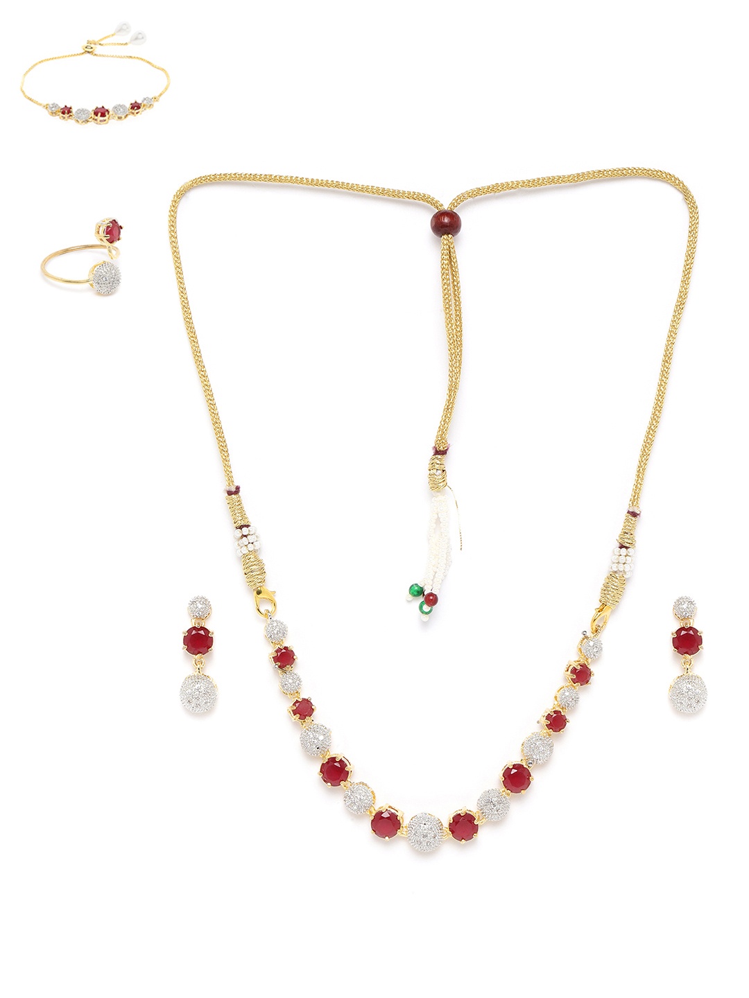 

Jewels Galaxy Women Red and Silver-Toned Gold-Plated Stoned-Studded & Beaded Jewellery Set