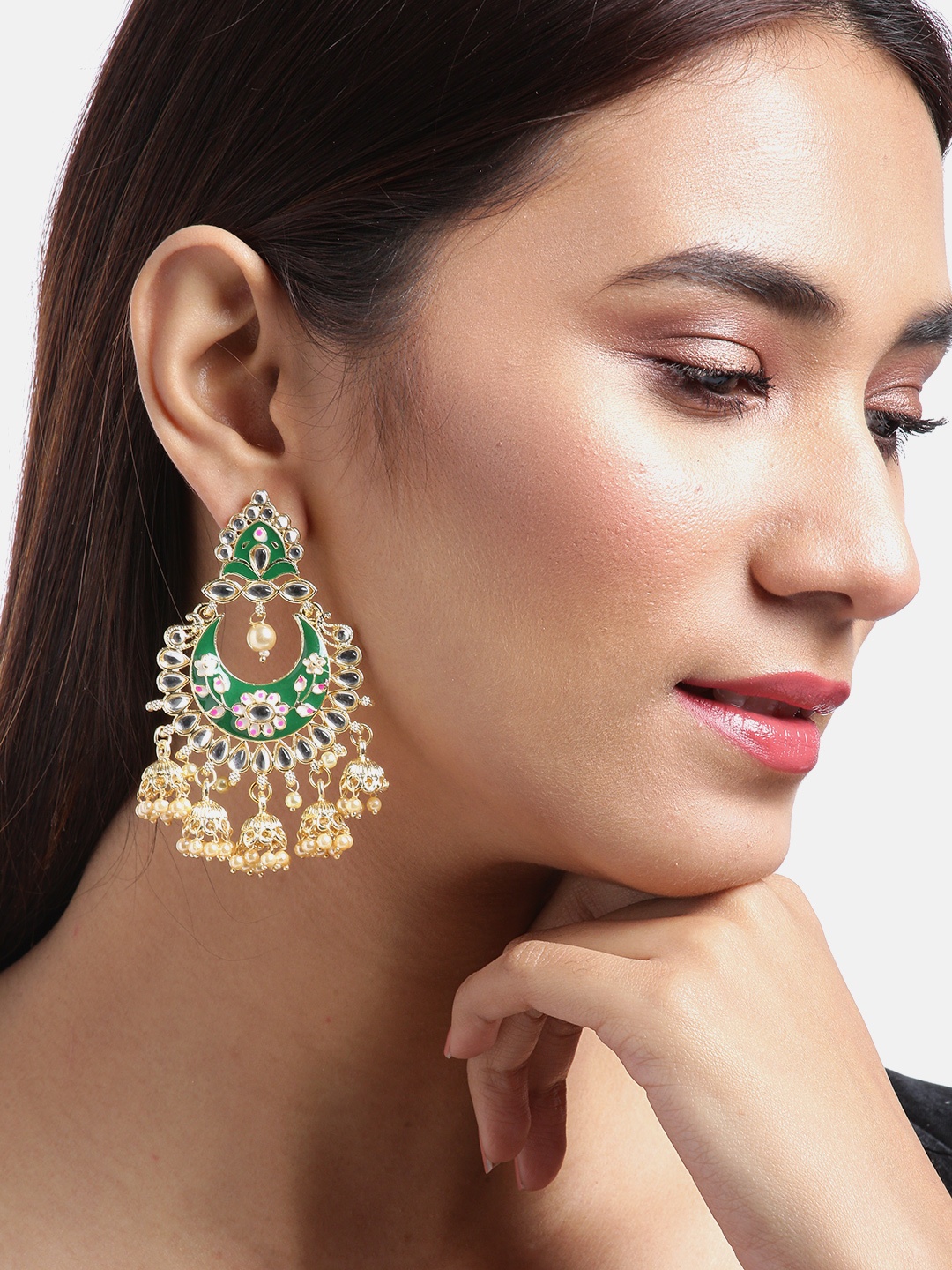 

Jewels Galaxy Green Gold-Plated Stone Studded & Beaded Enamelled Chandbalis