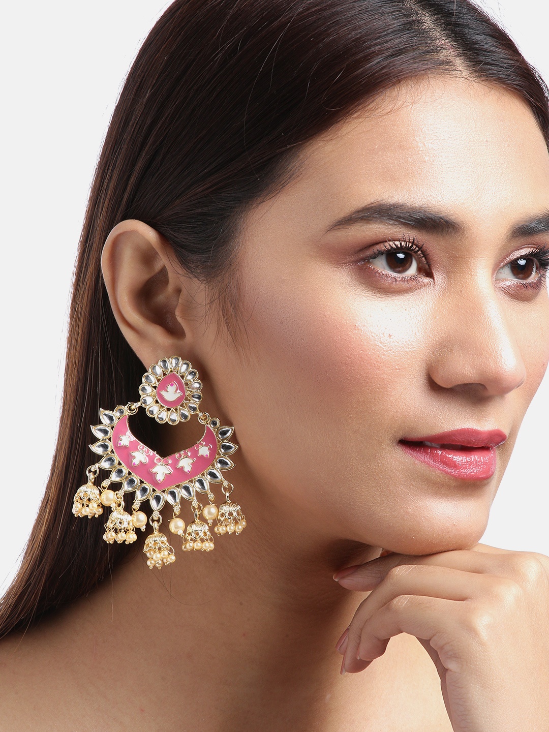 

Jewels Galaxy Pink Gold-Plated Stone Studded & Beaded Chandbalis