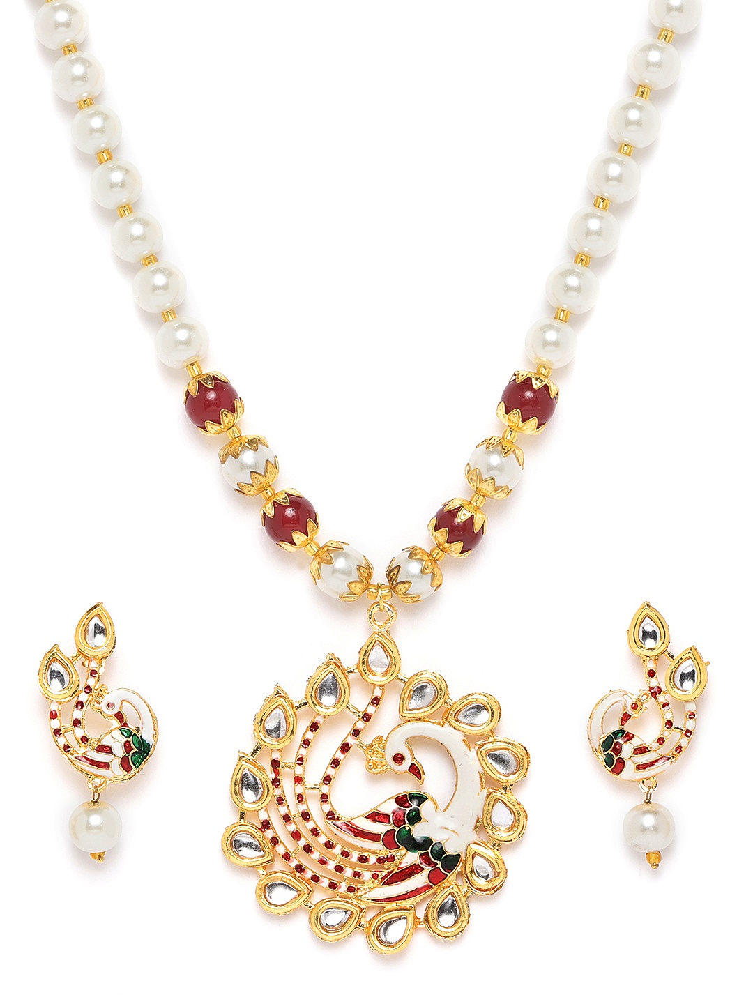 

Jewels Galaxy Women Off-White & Maroon Kundan Studded & Beaded Enamelled Jewellery Set