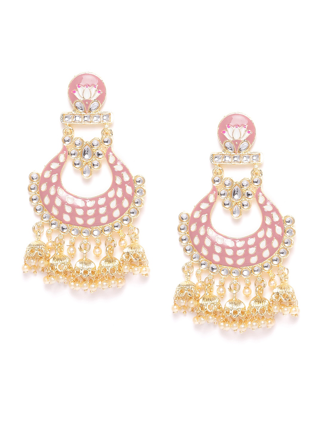 

Jewels Galaxy Pink Gold-Plated Stone Studded & Beaded Enamelled Chandbalis