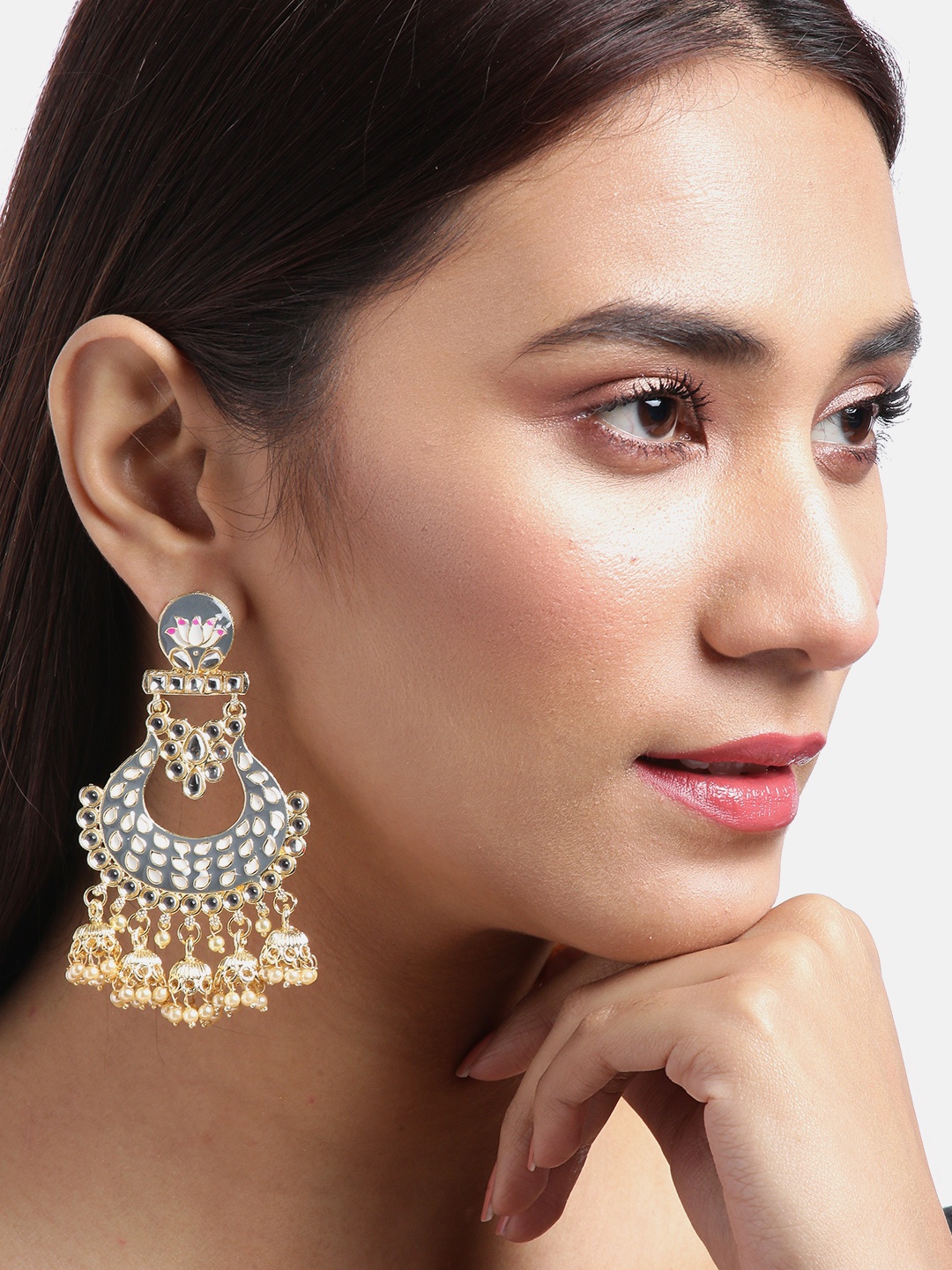 

Jewels Galaxy Grey Gold-Plated Stone Studded & Beaded Enamelled Chandbalis
