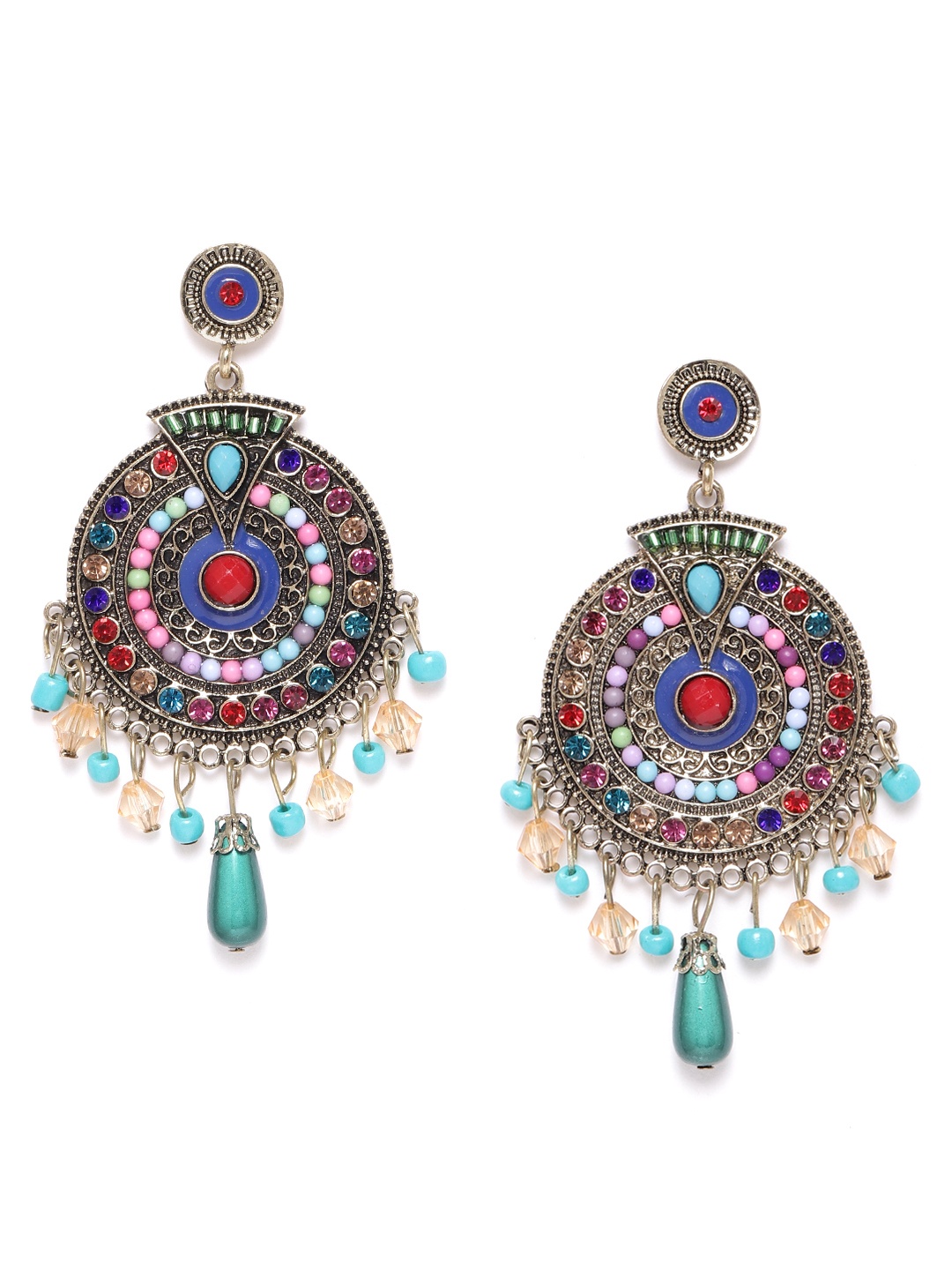 

Jewels Galaxy Multicoloured Gold-Plated Stone Studded & Beaded Drop Earrings, Multi