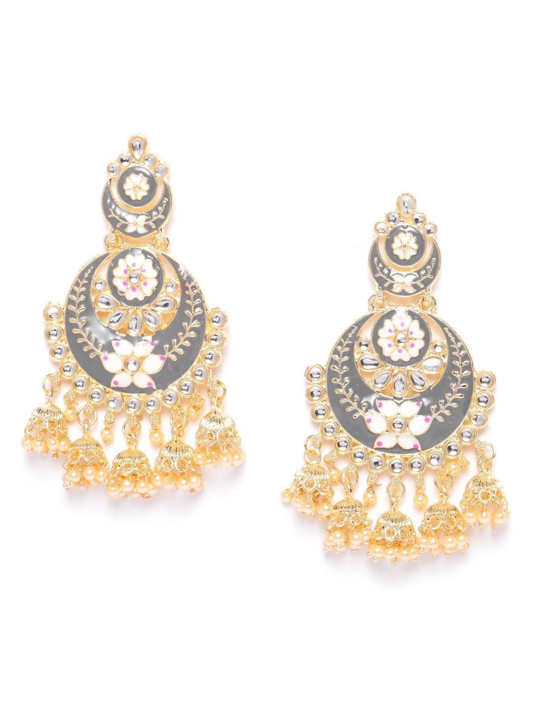 

Jewels Galaxy Grey Gold-Plated Stone-Studded Enamelled Crescent-Shaped Chandbalis