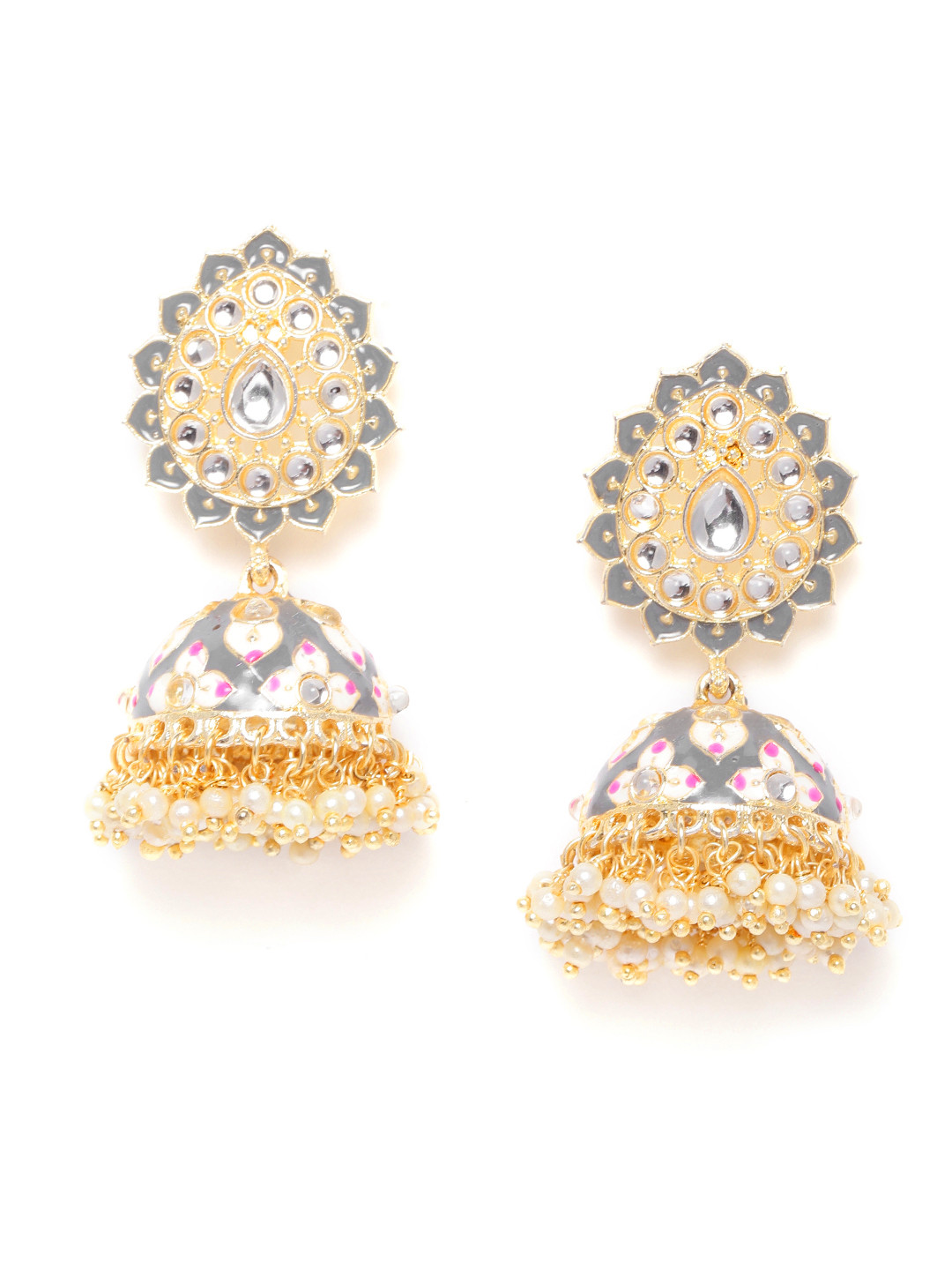 

Jewels Galaxy Grey & Off-White Gold-Plated Stone Studded Enamelled Dome Shaped Jhumkas