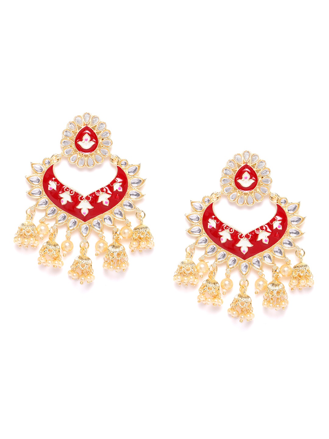 Jewels Galaxy Red Gold-Plated Stone-Studded Enamelled Crescent-Shaped Chandbalis
