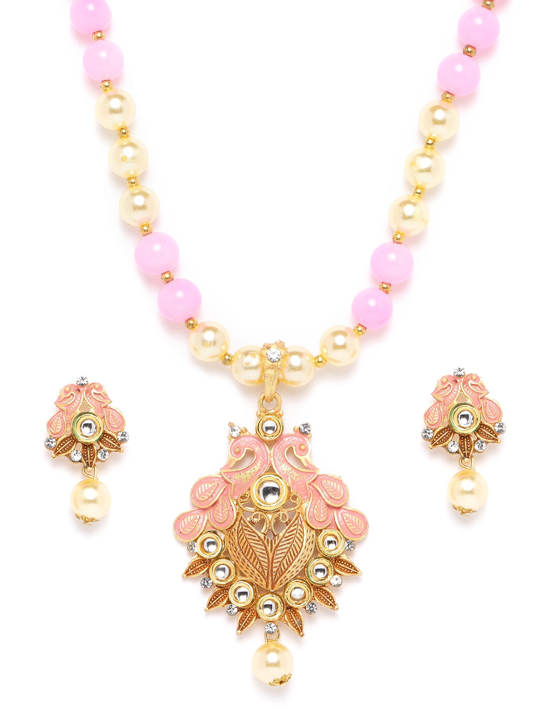 

Jewels Galaxy Pink & Cream-Coloured Gold-Plated Stone Studded & Beaded Jewellery Set