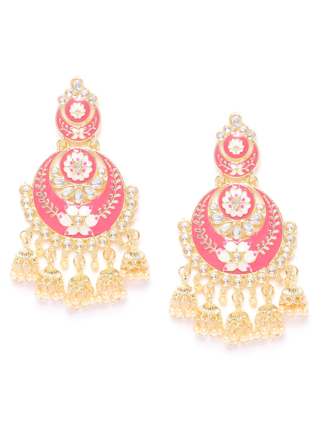 

Jewels Galaxy Pink Gold-Plated Stone-Studded Enamelled Crescent-Shaped Chandbalis