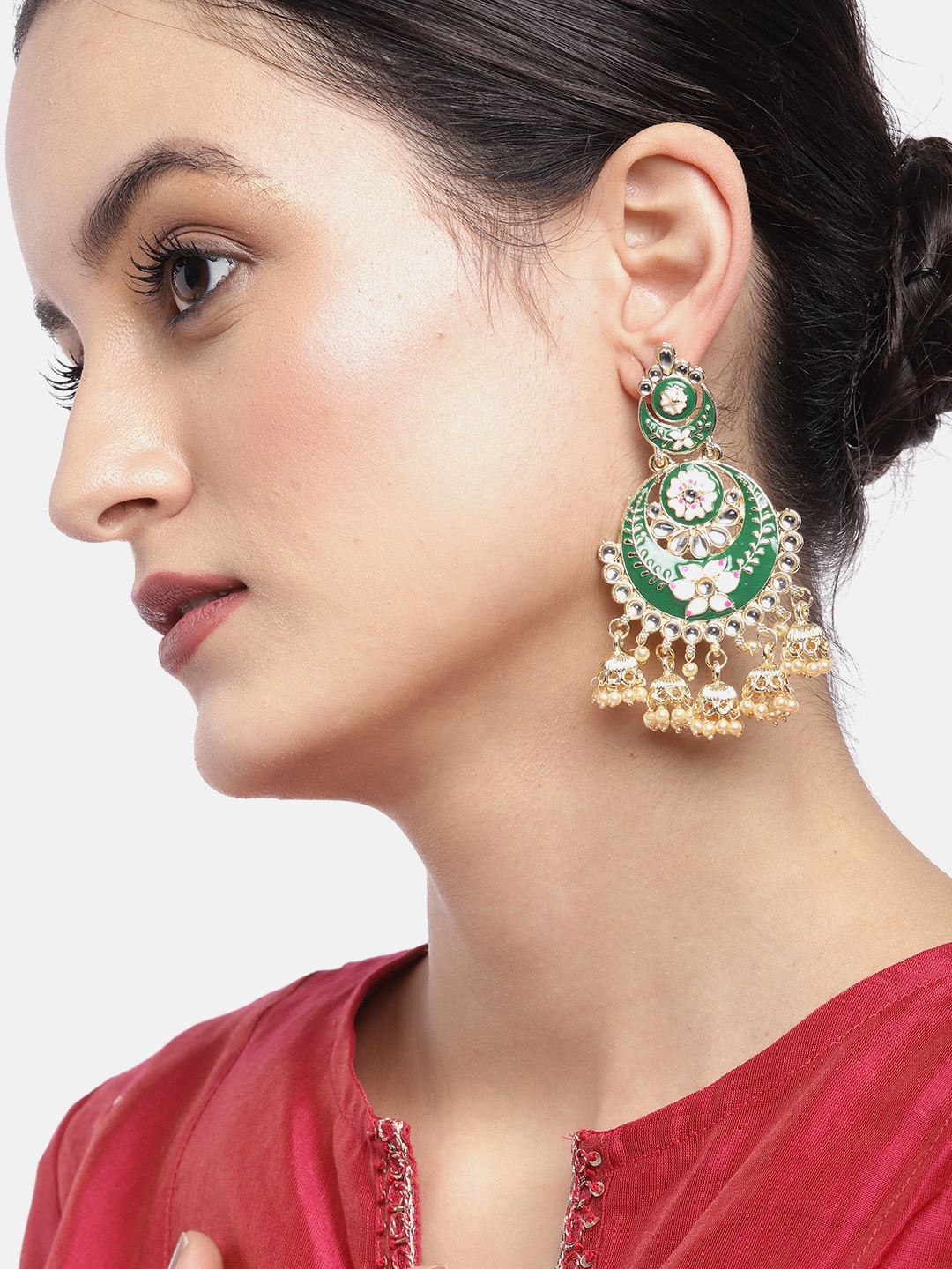 

Jewels Galaxy Green Gold-Plated Stone-Studded Enamelled Crescent-Shaped Chandbalis