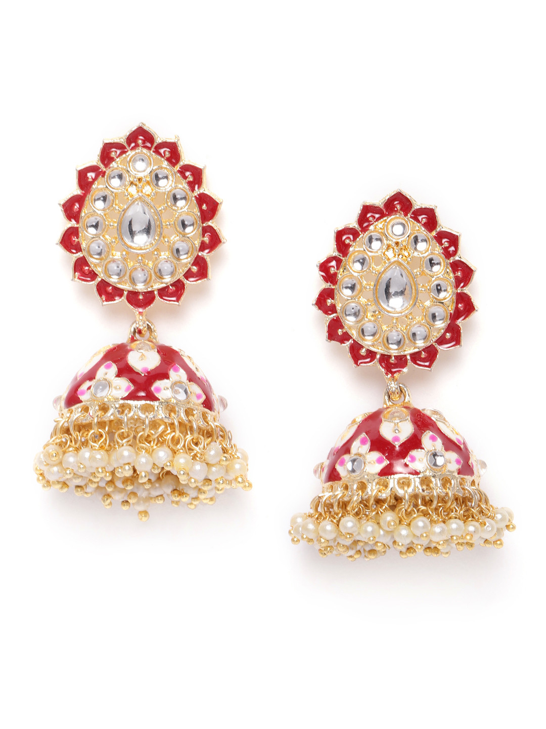 

Jewels Galaxy Maroon & Off-White Gold-Plated Stone Studded Enamelled Dome Shaped Jhumkas
