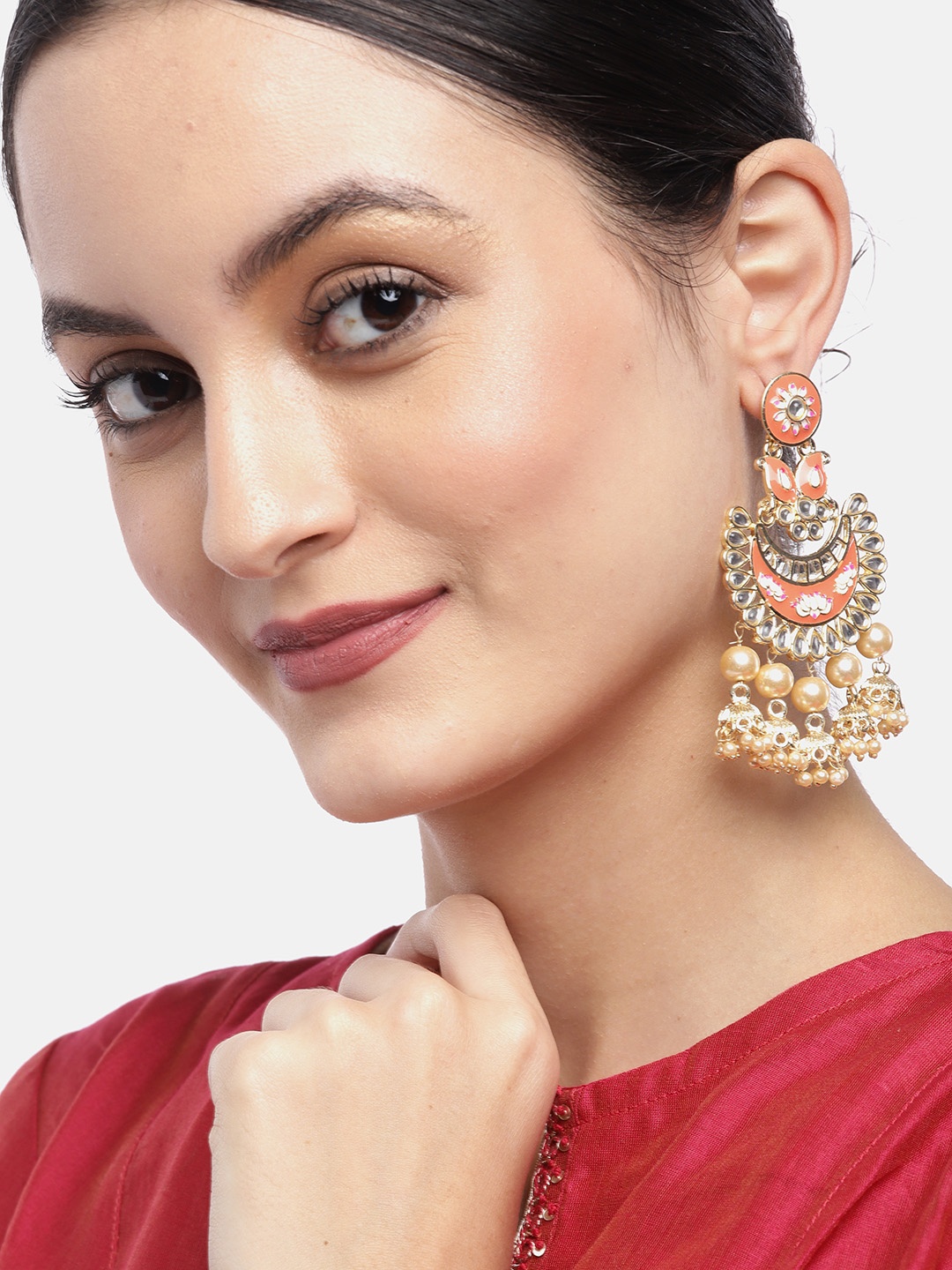 

Jewels Galaxy Orange Gold-Plated Stone-Studded Enamelled Crescent-Shaped Chandbalis