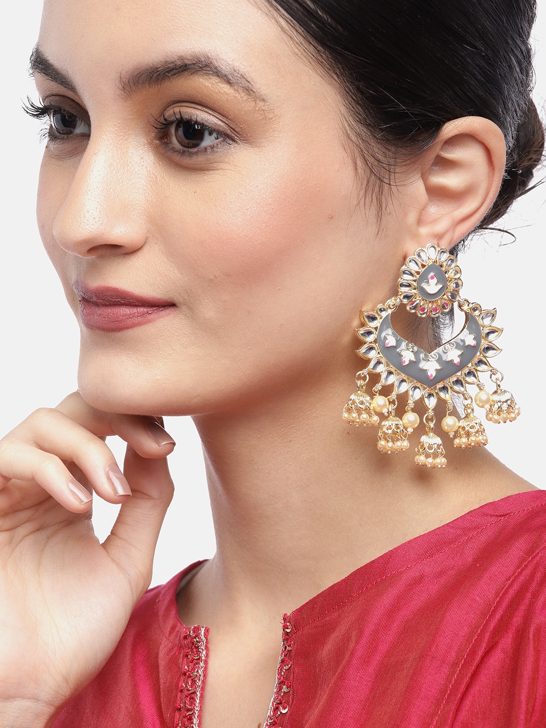 

Jewels Galaxy Grey Gold-Plated Stone-Studded Enamelled Crescent-Shaped Chandbalis