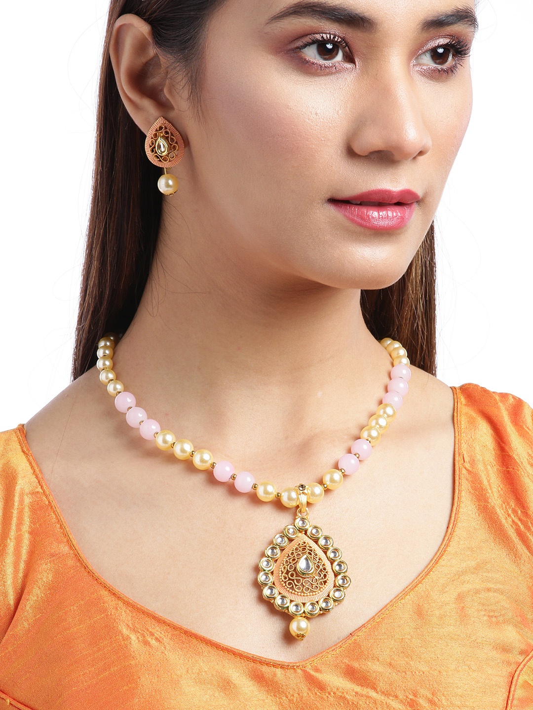 

Jewels Galaxy Pink & Off-White Gold-Plated Stone-Studded & Beaded Jewellery Set