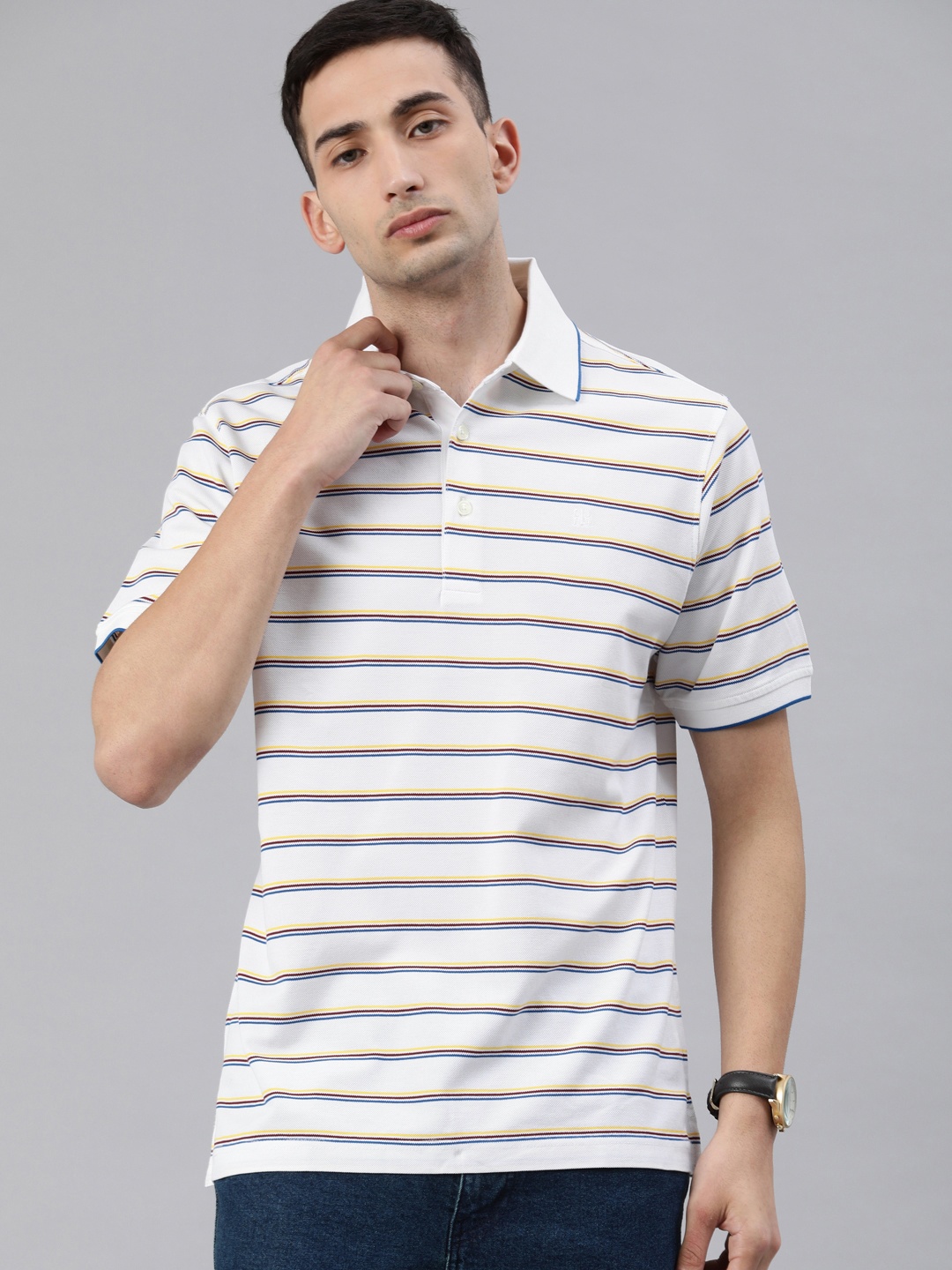 

Raymond Men White Striped Polo Collar Pure Cotton T-shirt