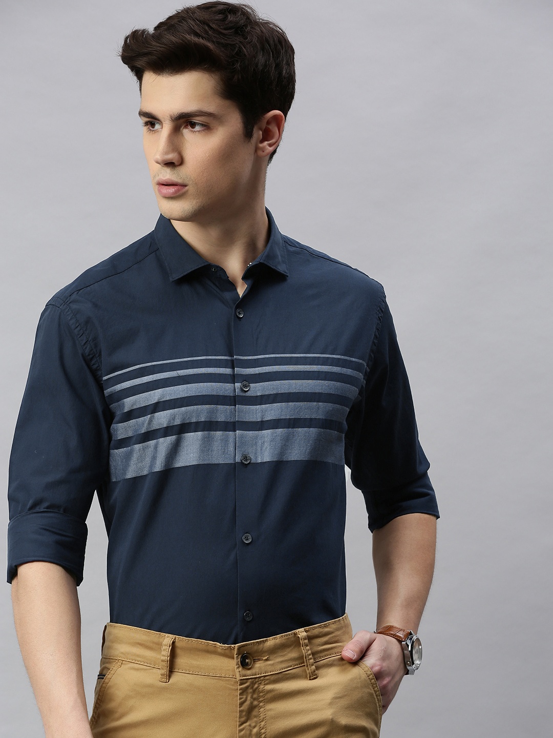 

Park Avenue Men Teal Blue & Grey Slim Fit Striped Smart Casual Shirt