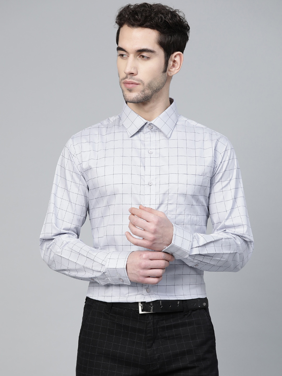 

Raymond Men Grey & Navy Blue Slim Fit Checked Formal Shirt