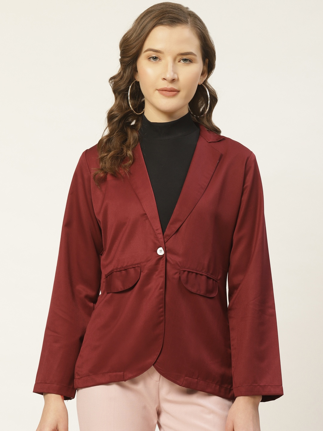 

JAINISH Women Maroon Solid Twill Weave Single-Breasted Smart Casual Blazer