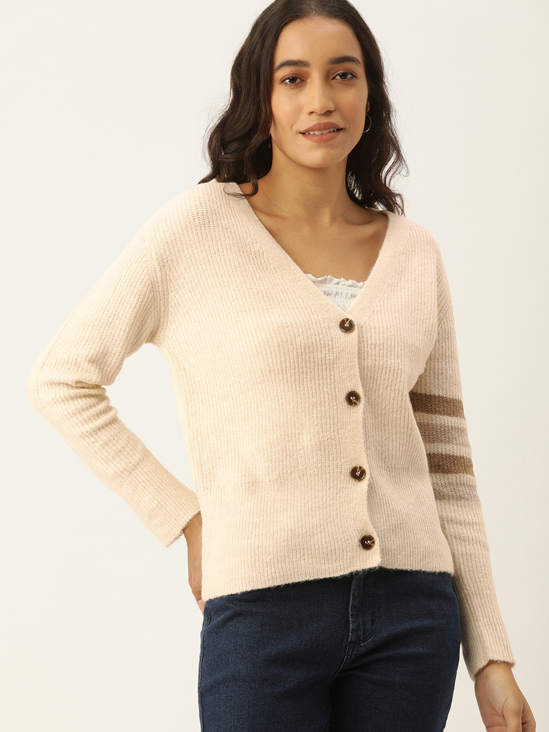 

AND Women Pink & Beige Striped Button Shrug