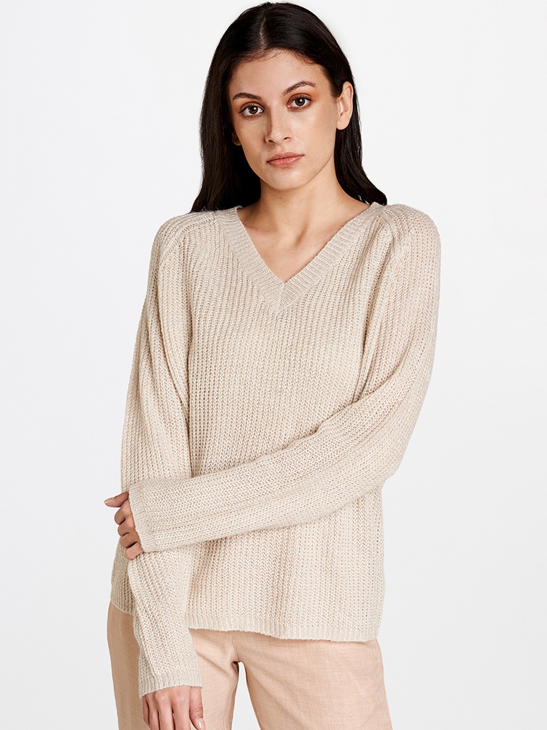 

AND Women Beige Cable Knit Pullover Sweater