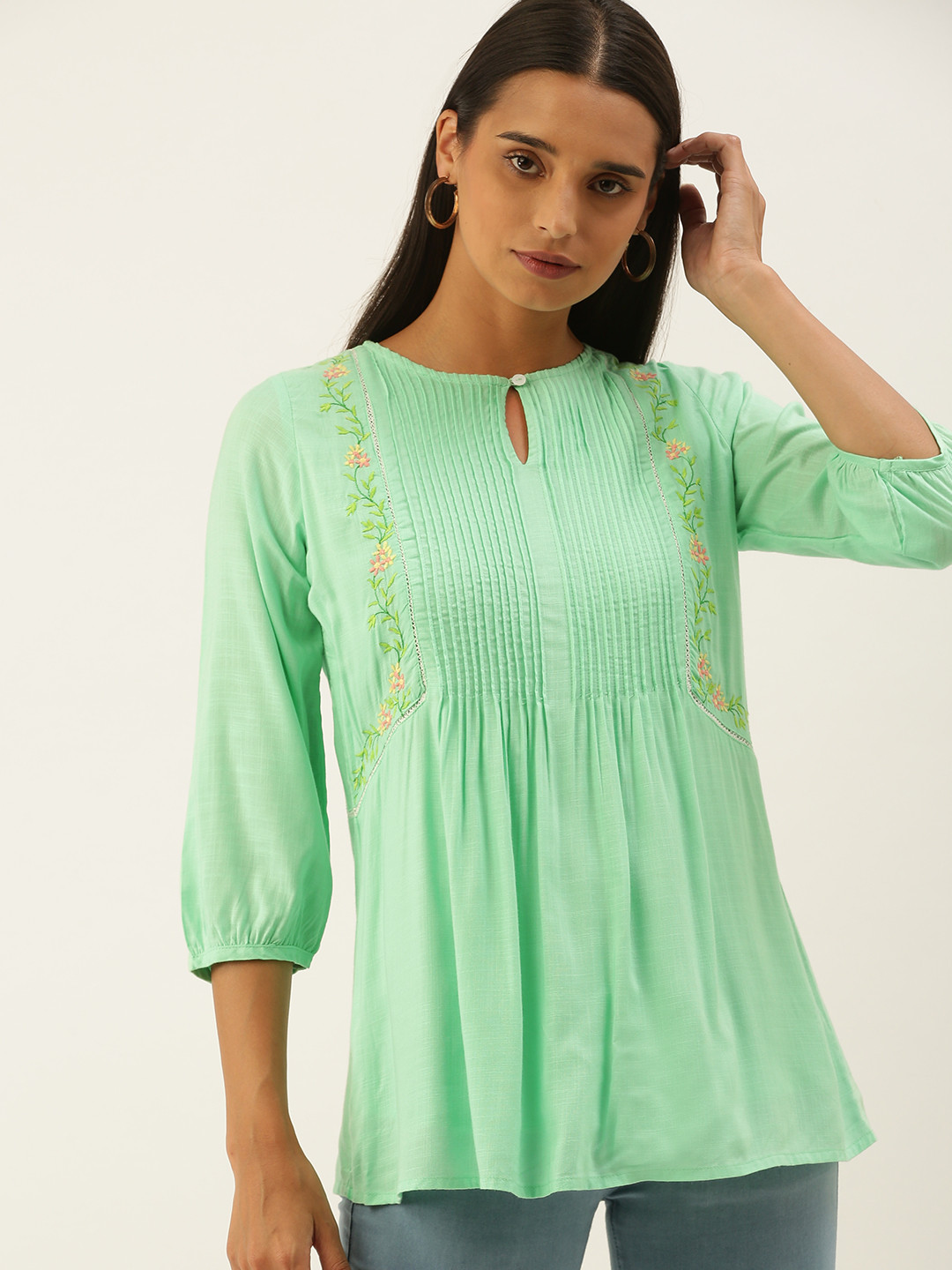 

AND Sea Green Floral Embroidered Keyhole Neck Regular Top