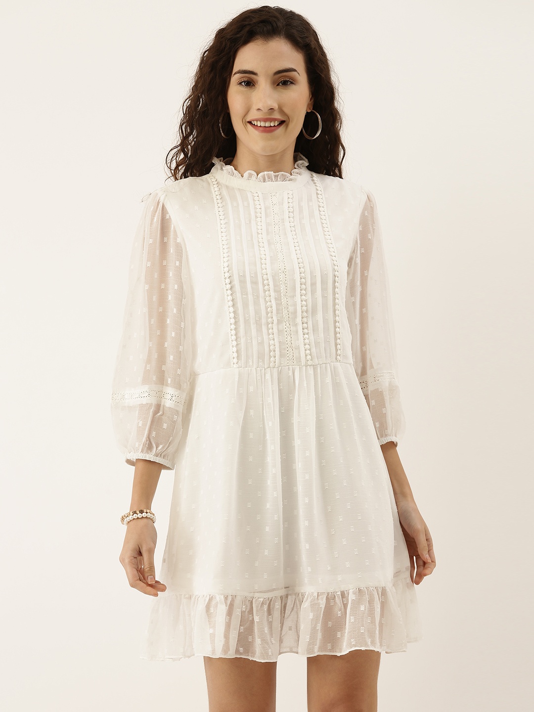 

AND Women White Self Design A-Line Dress