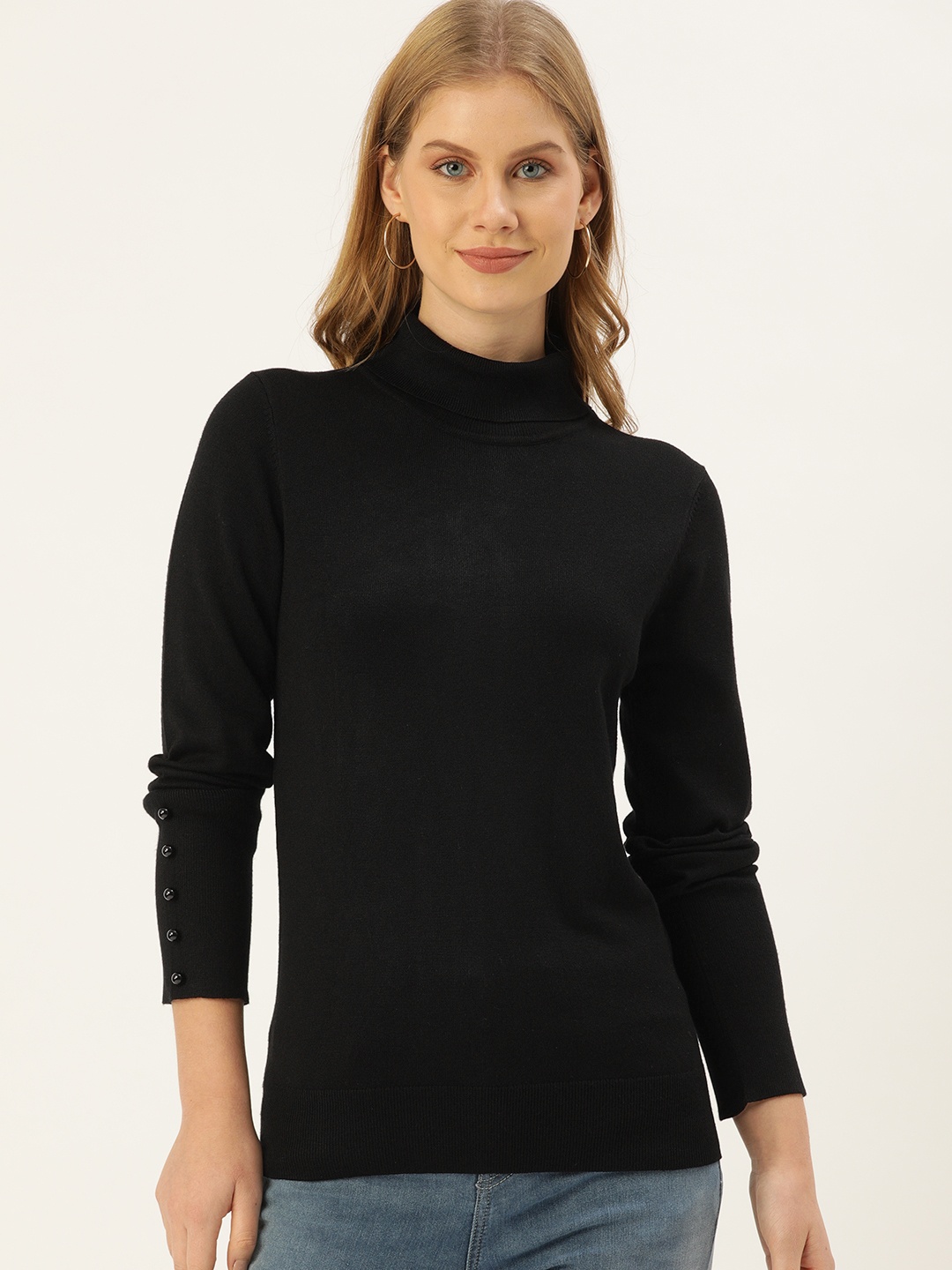 

AND Black Turtle Neck Regular Top With Button Detailing