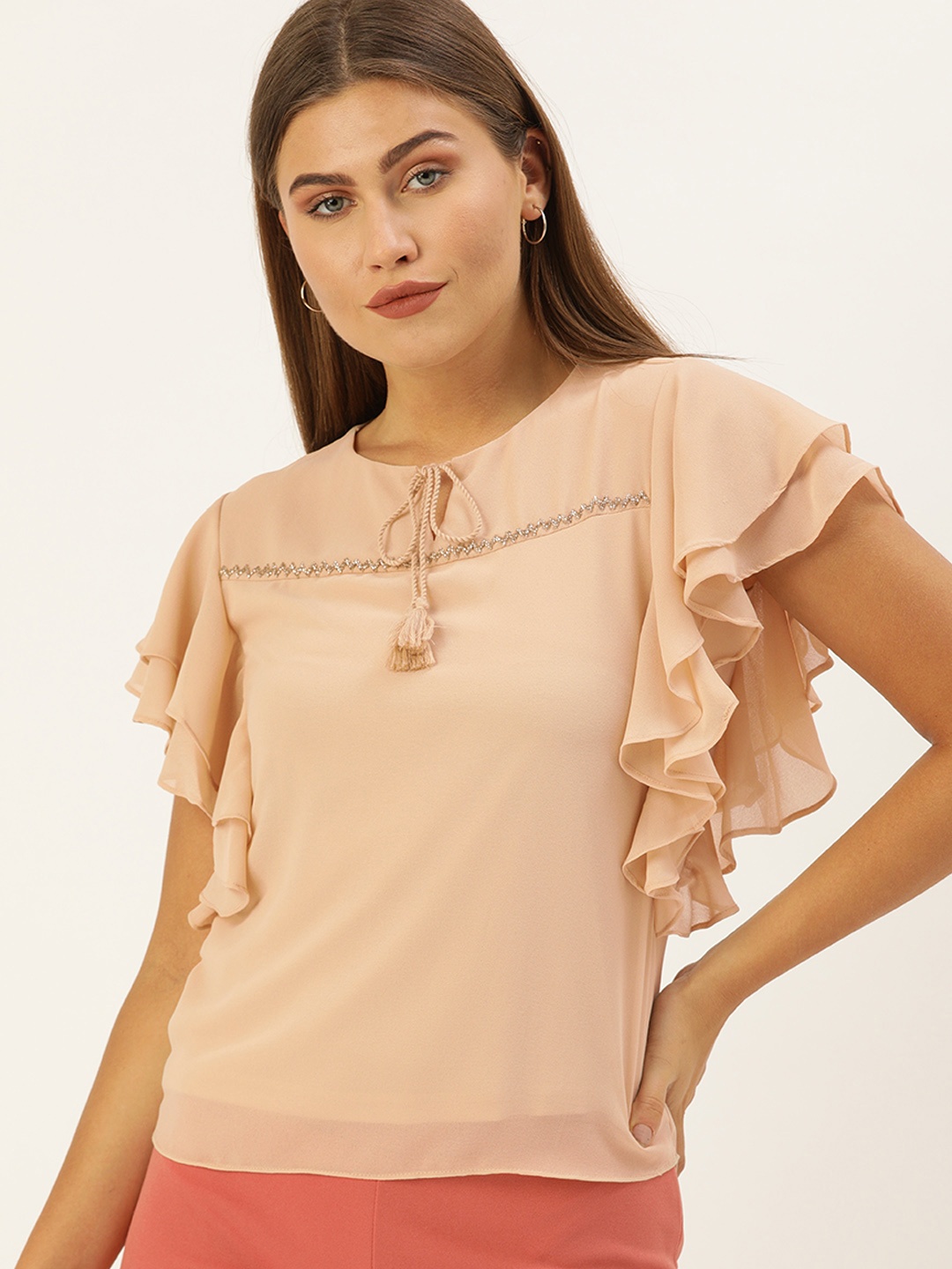 

AND Peach-Coloured Flutter Sleeves Studded Regular Top