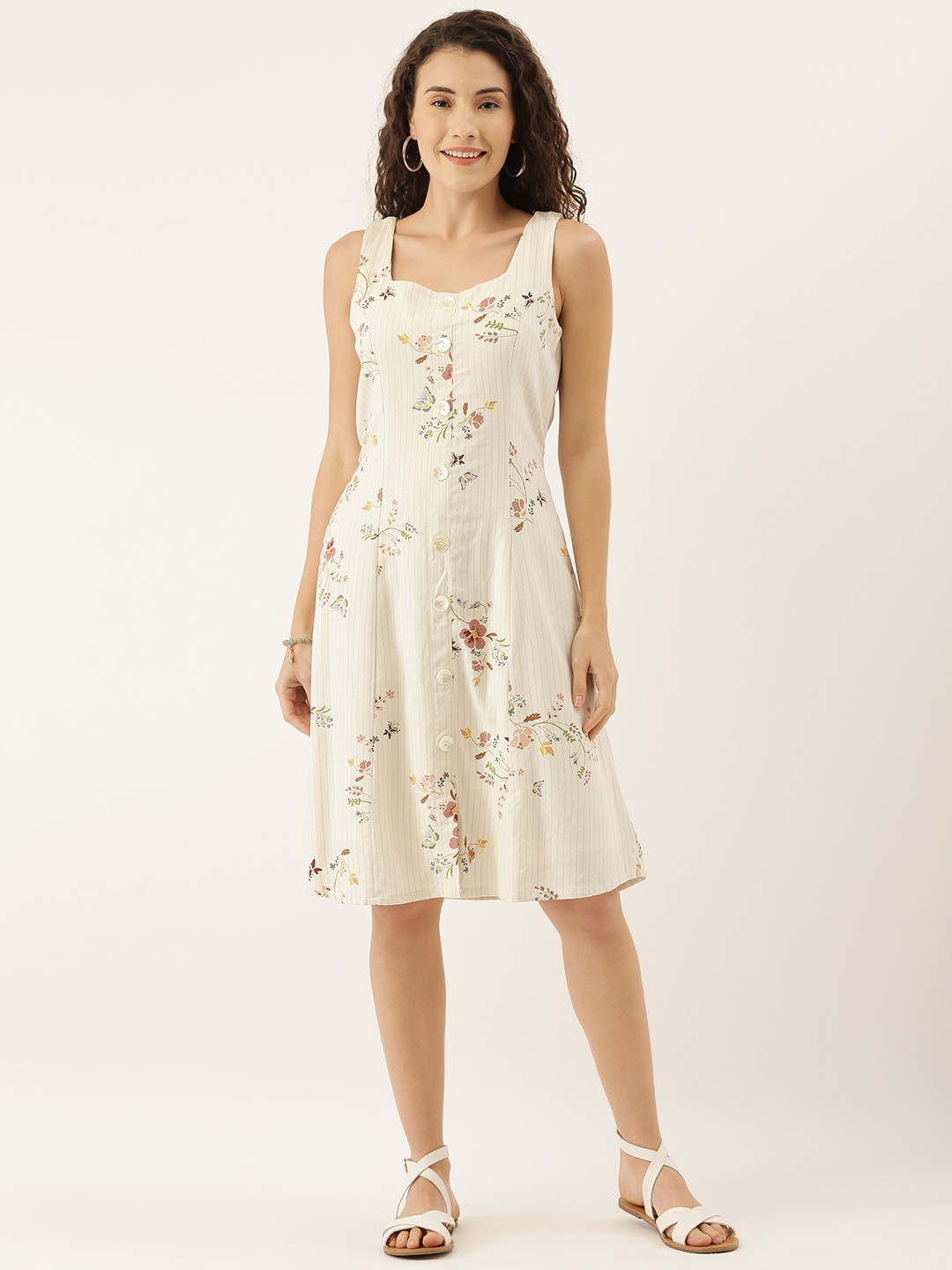 

AND Women Off-White Floral Printed Fit and Flare Dress