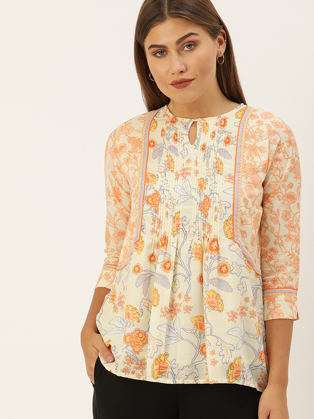 

AND Off White & Orange Floral Printed Keyhole Neck Blouson Top