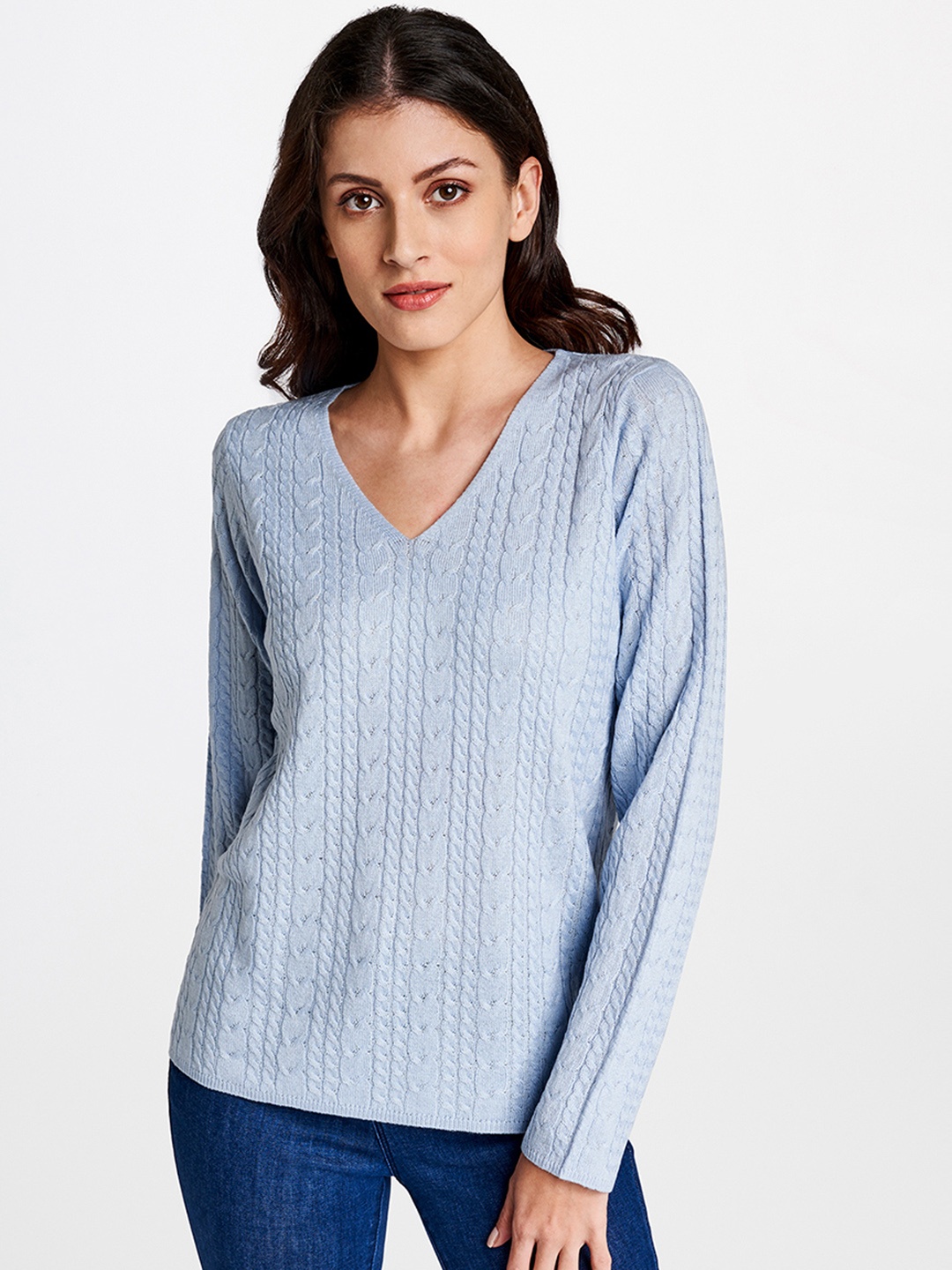 

AND Women Blue Cable Knit Pullover Sweater