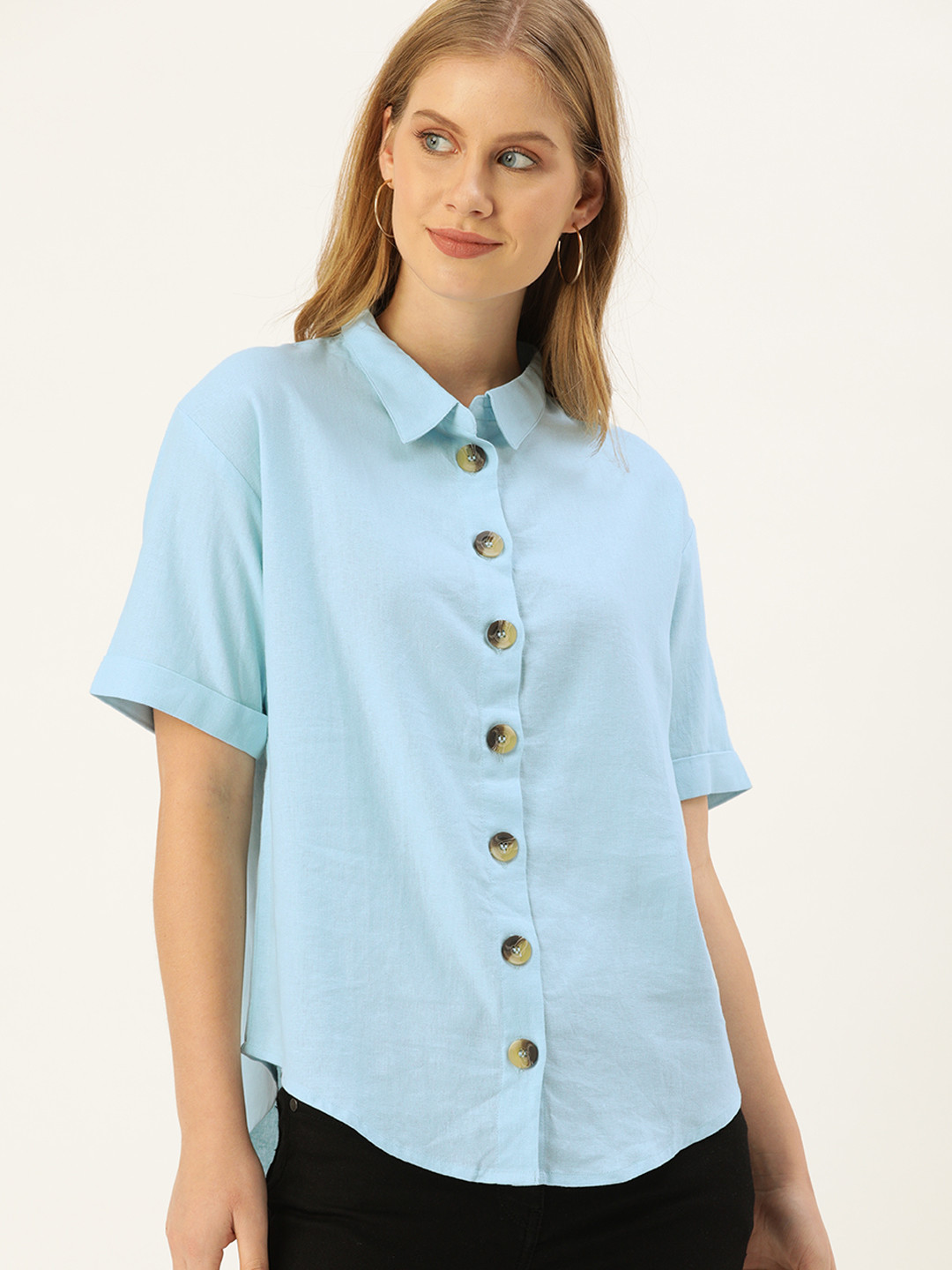 

AND Women Blue Regular Fit Solid Casual Linen Shirt