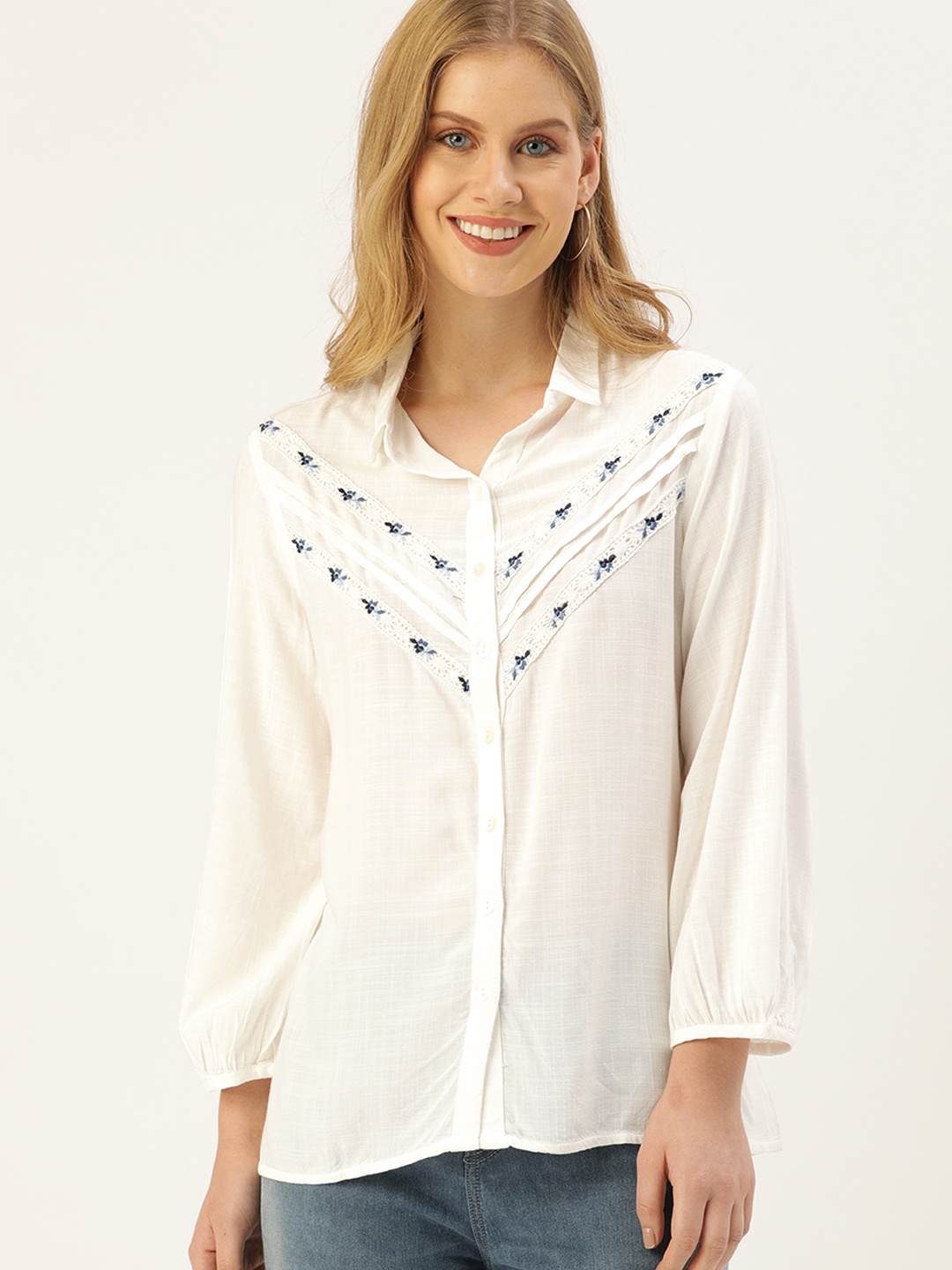 

AND Women White & Blue Self-Designed Embroidered Shirt Style Top