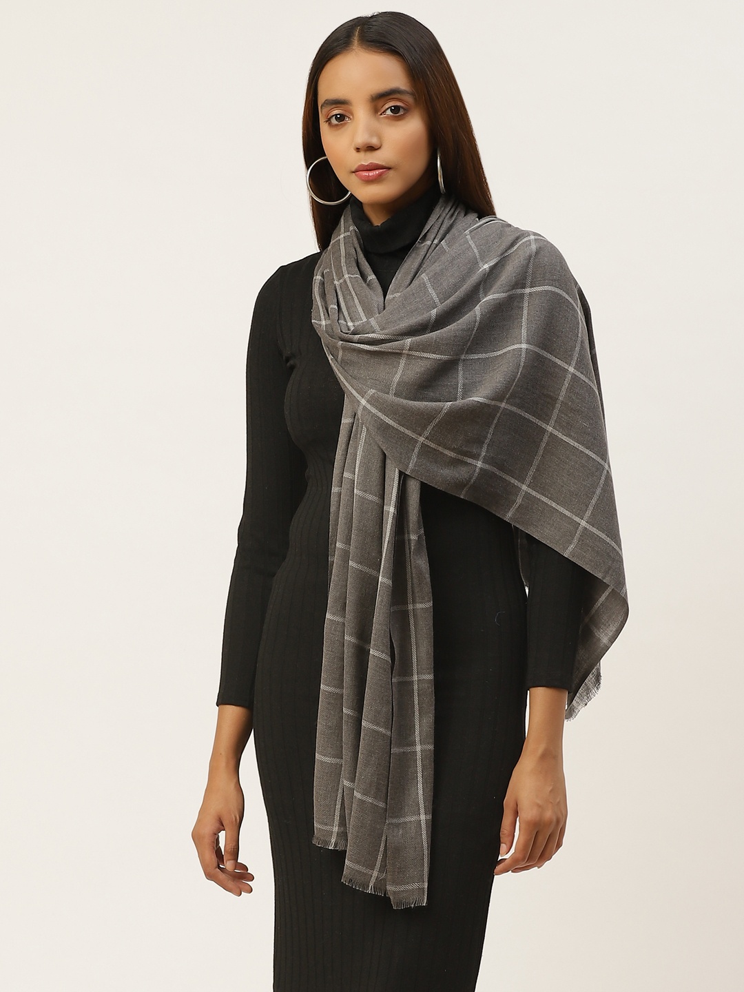 

Anekaant Women Charcoal Grey & White Checked Frayed Stole