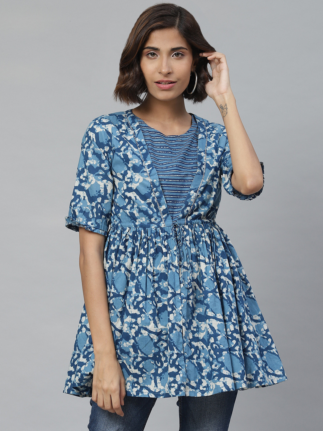 

Vasudha Women Blue and White Block Printed Pure Cotton Layered A-line Kurti