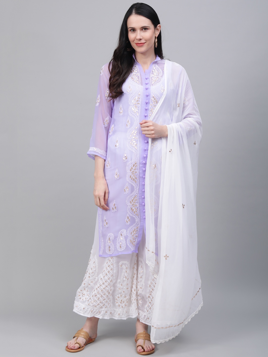 

Saadgi Women Purple & White Handloom Chikankari Embroidered Kurta with Palazzos & Dupatta