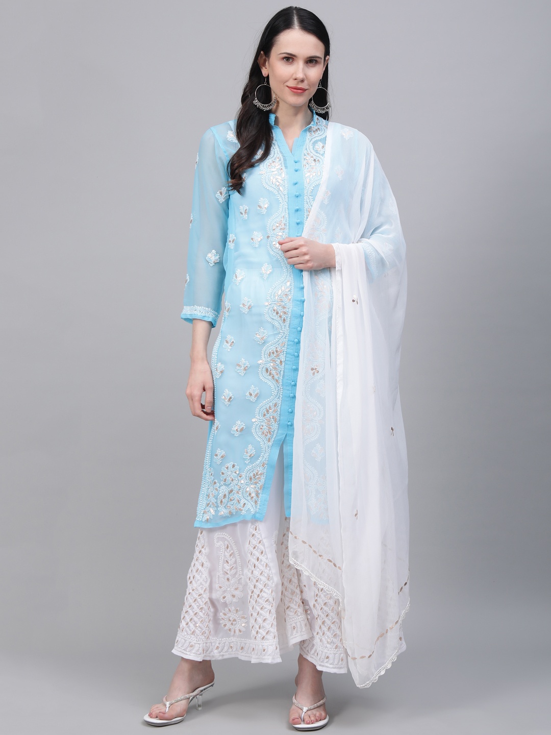 

Saadgi Women Blue & White Handloom Chikankari Embroidered Kurta with Palazzos & Dupatta