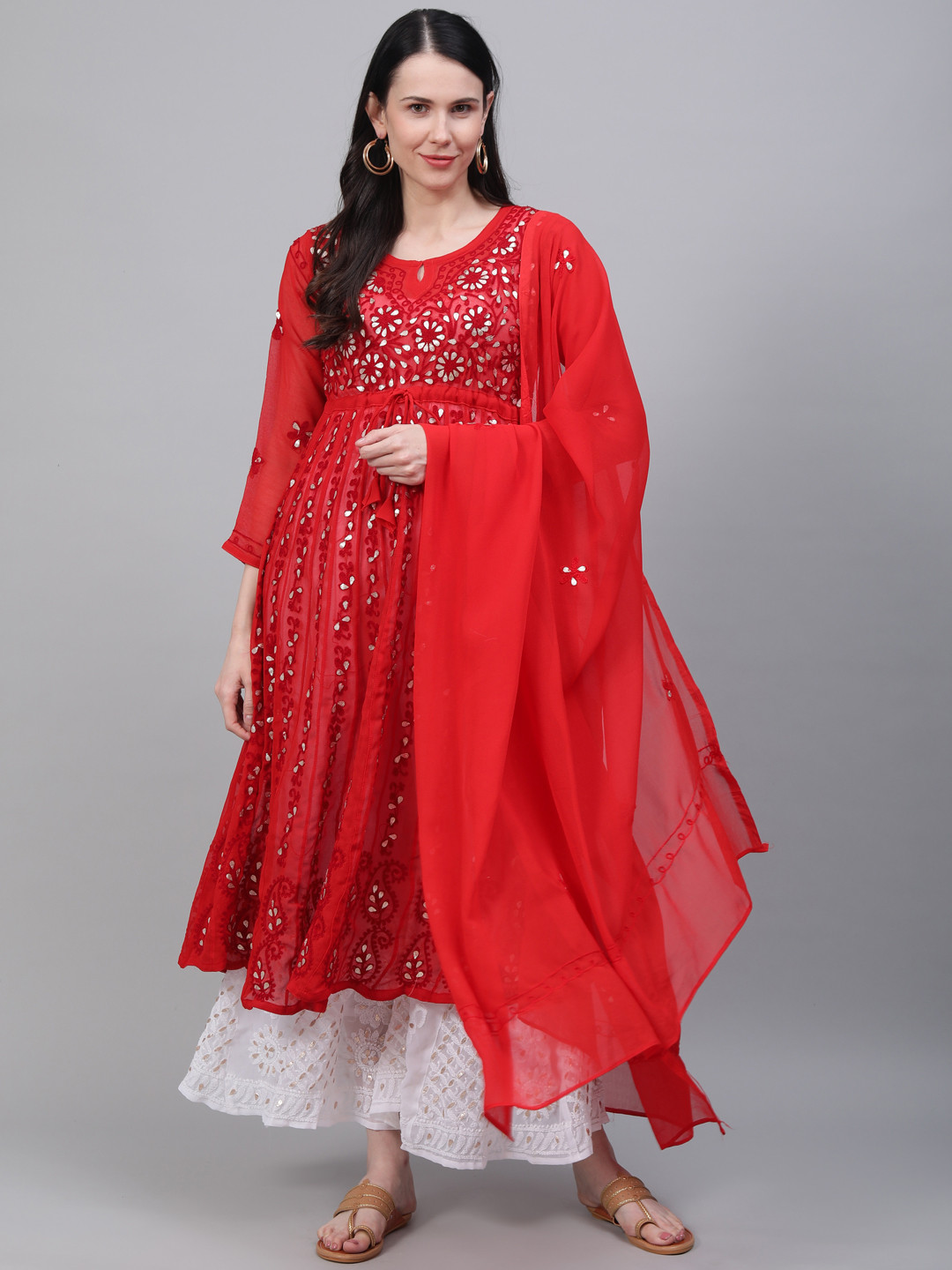 

Saadgi Women Red & White Handloom Chikankari Embroidered Kurta with Palazzos & Dupatta