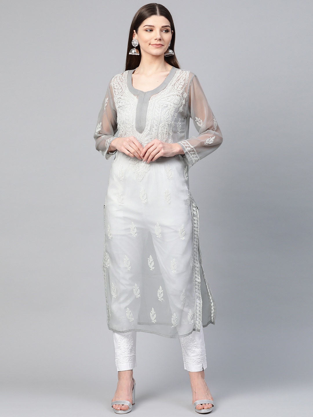 

Saadgi Women Grey & White Handloom Chikankari Embroidered Kurta with Trousers