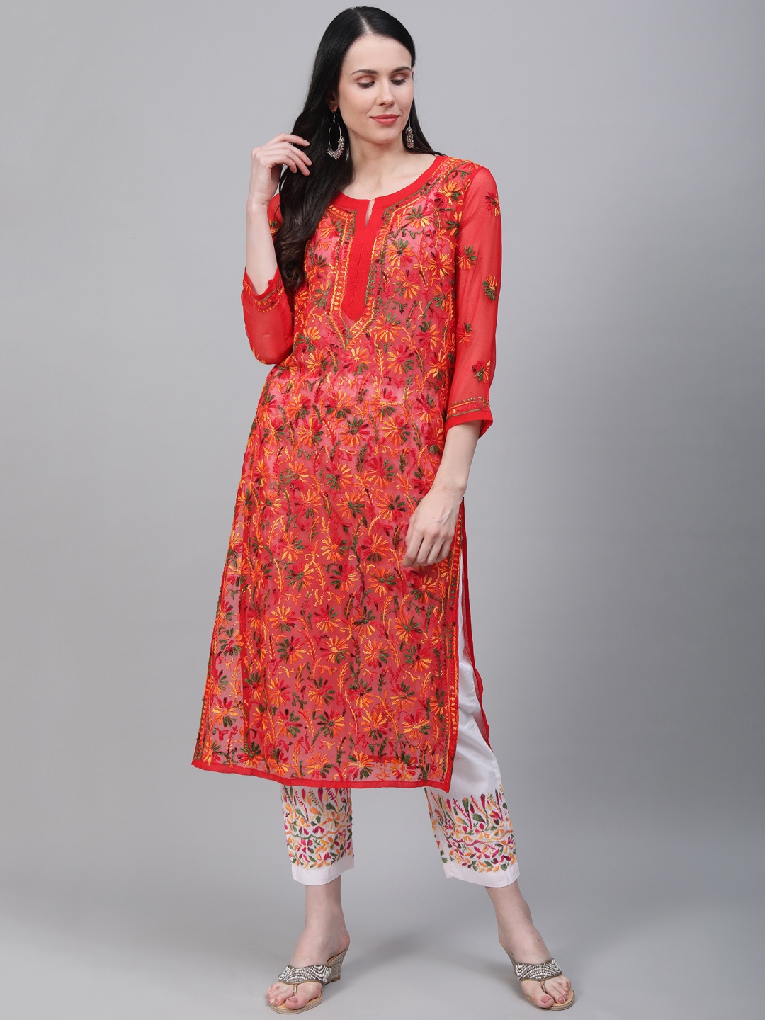 

Saadgi Women Red & White Handloom Chikankari Embroidered Kurta with Trousers