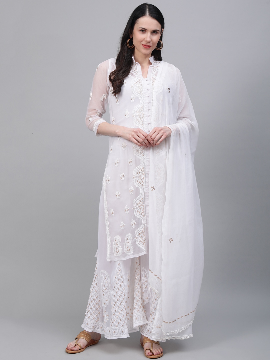 

Saadgi Women White Handloom Chikankari Embroidered Kurta with Palazzos & Dupatta