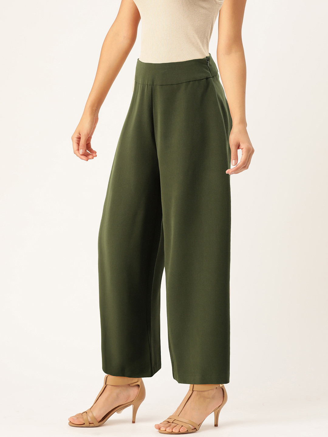 

AND Women Olive Green Regular Fit Solid Parallel Trousers