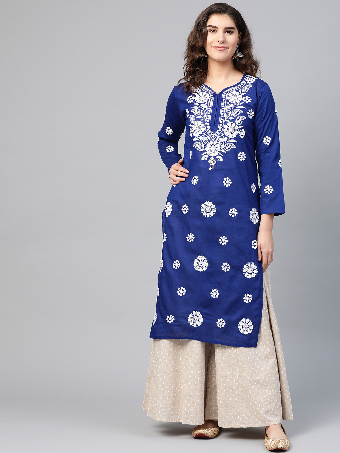 

Saadgi Women Blue & White Chikankari Embroidered Handwork Straight Kurta
