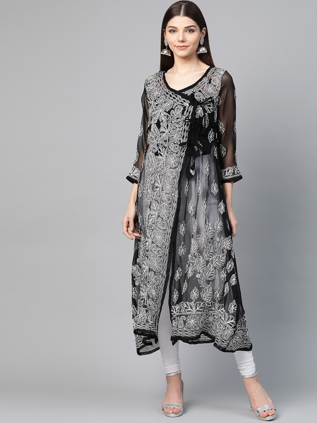 

Saadgi Women Navy Blue & White Chikankari Embroidered Handwork Sheer Angrakha A-Line Kurta