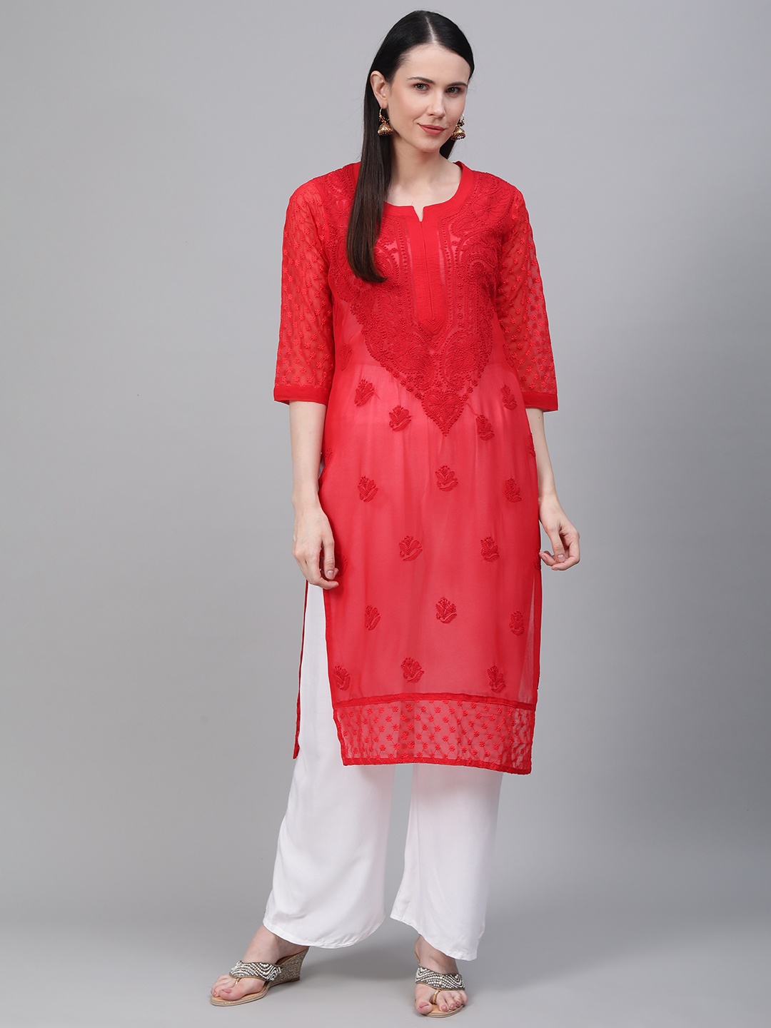 

Saadgi Women Red Chikankari Embroidered Handwork Sheer Straight Kurta