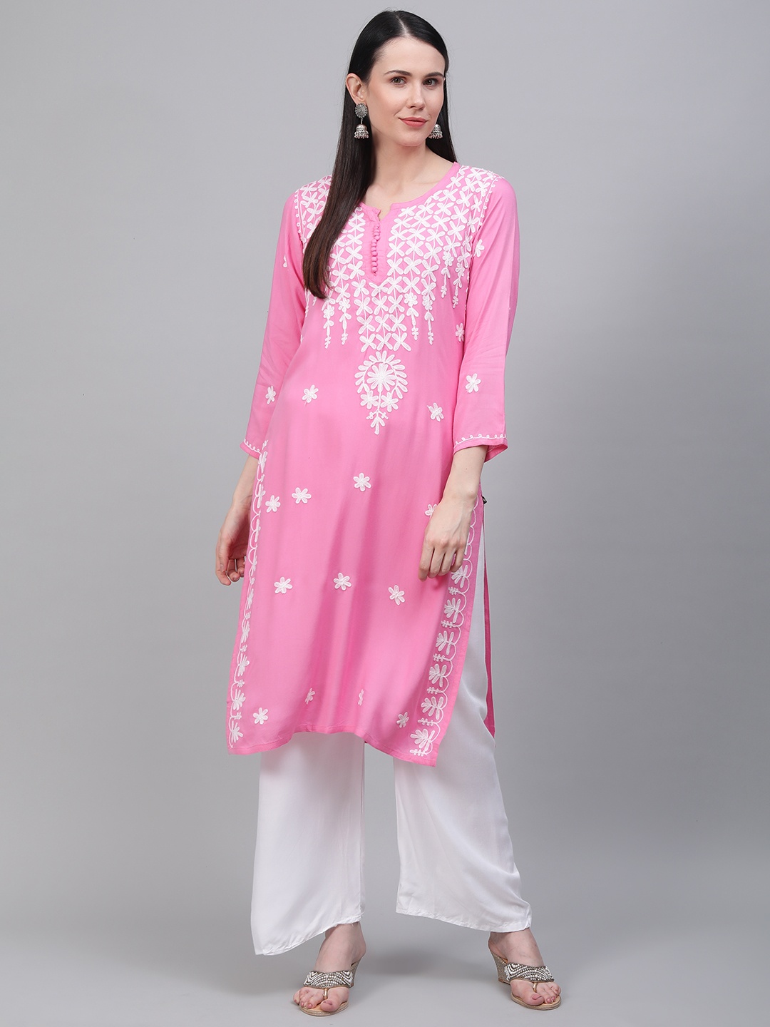 

Saadgi Women Pink & White Chikankari Embroidered Handwork Straight Kurta